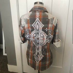 Affliction shirt orange and gray plaid with bling cross